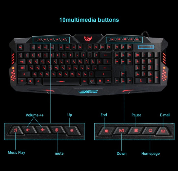 J10 tricolor backlight wired gaming keyboard set